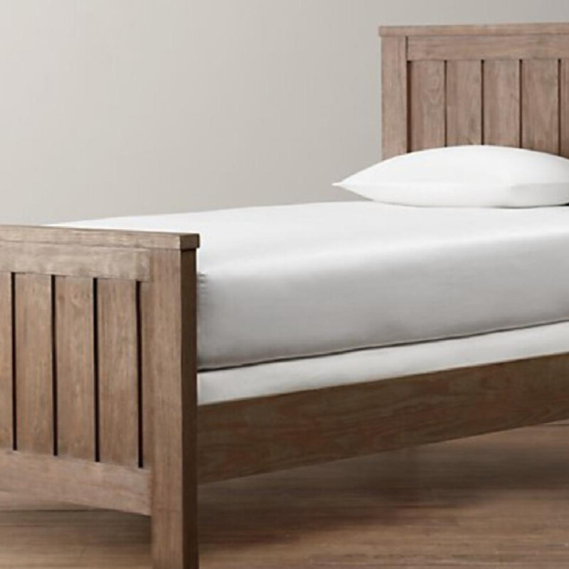 Restoration Hardware Kenwood Twin Bed
Driftwood Taupe Wood Headboard Footboard Rails and Slats
Planked panels borrow from the vernacular architecture of old American barns.
Overall Size  44½W x 81L x 50H
Headboard: 44½W x 2½D x 50H
Footboard: 44½W x 2½D x 30H
Clearance Under Bed: 7½H
Weight: 165 lbs.
Weight Capacity: 250 lbs.
RETAIL $1039