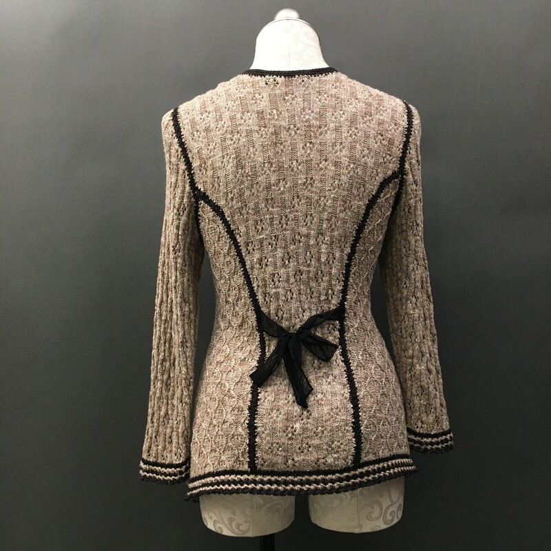 Nie And Zoe Knit Cardigan, Beige, Size: M<br />
beige open knit patchwork look, long sleeves with brown knit details, 3black jet buttons, black tie in back.<br />
12.5 oz