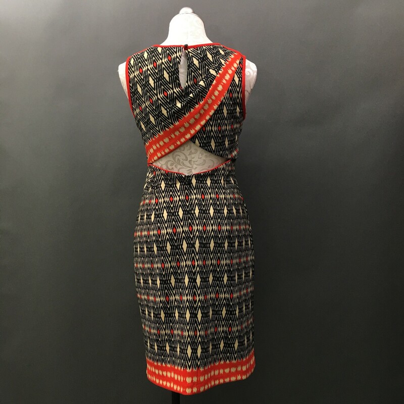 Muse Sleeveless, Pattern, Size: 8 beize with orange and black geometric design, orange trim. Back of dress has  cutaway, fully lined, cotton poly spandex raypn blend. Great travel dress.
9.6 oz