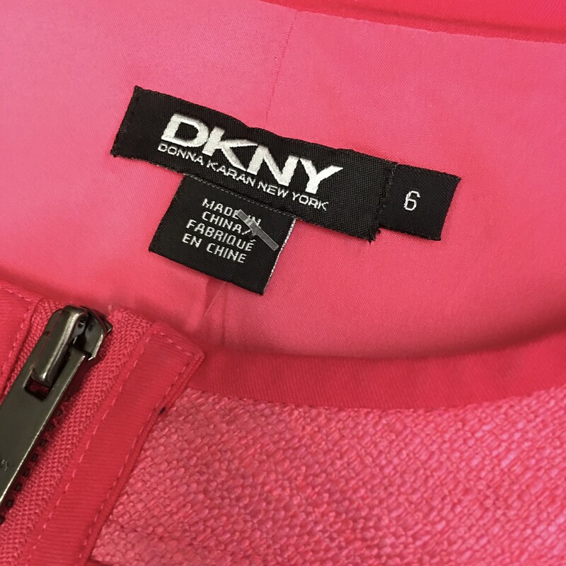 DKNY, Hot Pink, Size: 6<br />
<br />
Collarless, zip up / dwn closure,  long sleeved pink moto style jacket from DKNY. Lined. Textured pink linen blend material with darker pink smooth crisp cotton color panels and piping details<br />
Skirt zips and hook back closure, falls above the knee, flat back pockets and wide waist band.<br />
Sold as set.<br />
skirt 8.9 oz<br />
jacket 1 lb 3 oz