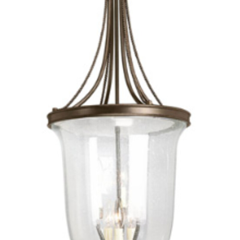 Seeded Glass Pendant
Clear Glass Brown Bronze Metal
Size: 14x36.5H
Primary Bulb(s): 6 x 60 watts Candelabra Base
Retail $325