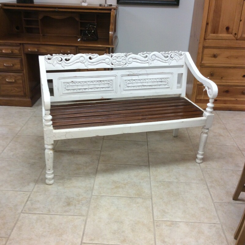 This is a beautiful, white, distressed bench with dark stained wood bottom.