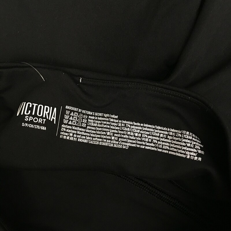 Victoria Sport Knockout, Black, Size: S/P<br />
black on black detail lycra block pattern and mesh. Waistband smooths and stays put, smooth seams for total comfort,lined reinforced gusset, hidden drawstring waist, body wicking fabric.<br />
great condition<br />
8.4 oz