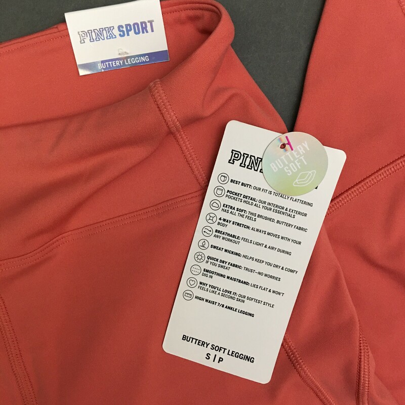 Pink Sport Buttery Leggings, Peach, Size: S/P
new with tags. interior waist pocket, breathable, buttery soft fabric, sweat wicking,  quick dry, smoothing waist band, high waist 7/8 ankle legging
5.8 oz