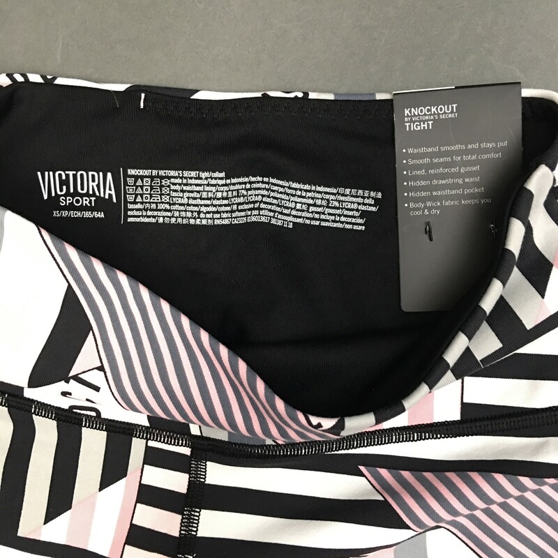 Victoria Sport Knockout Leggings, Multi color pink, grey, black and white geometric pattern, Size: XS
new with tags. Waistband smooths and stays put, smooth seams for total comfort,lined reinforced gusset, hidden drawstring waist, body wicking fabric.
7.3 oz