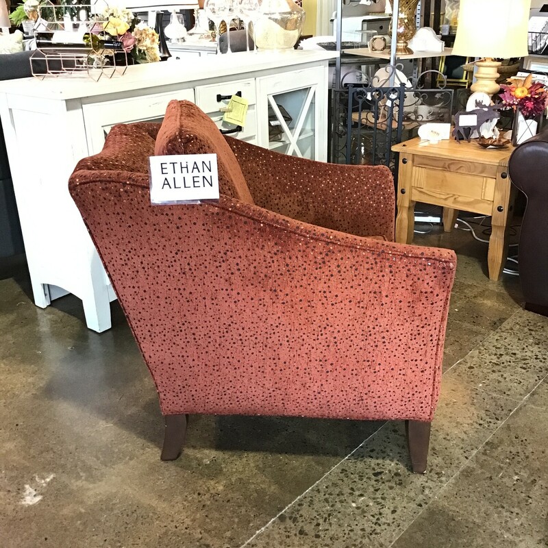 This super comfortable and beautiful accent chair is upholstered in a rust fabric with specs of black and gold. It is on the smaller size, so perfect for that nook where you need a place to sit! Would be great in a bedroom, family room, living room or den.
Dimensions are 33 in x 36 in x 36 in