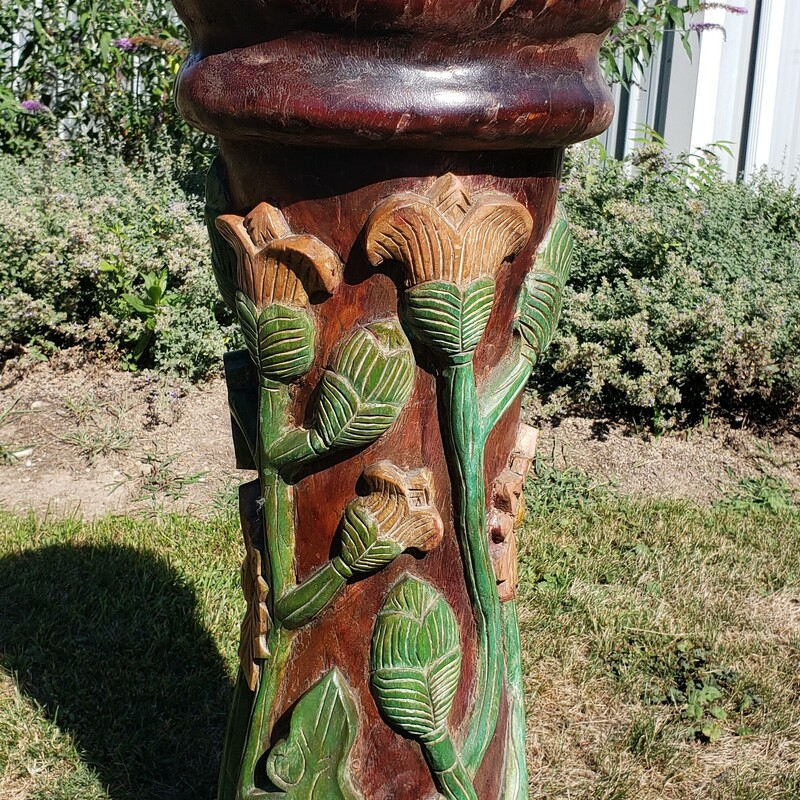 Carved Wood Flower Plant Stand, Solid one piece of wood, heavy, Size: 36in
