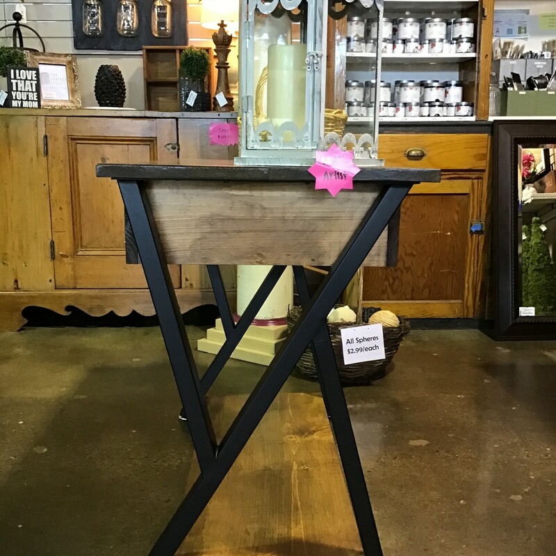This handmade console table features reclaimed wood on top, 2 drawers and a lower shelf. The legs are reclaimed metal pieces. Great piece for your entry, family room (could be a media stand) or behind a sofa.
Dimensions are 38-1/2 in x 19-1/2 in x 29-1/2 in