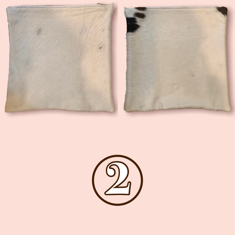 Our luxurious cowhide pillow covers are top notch and of the highest quality! Flip through all of the photos to see our current options, and then select the number that corresponds with your choice below!

Our medium cowhide pillow covers measure 15x15 inches.

Looking for a bigger cover? Search 27908 in our search bar to browse through our large covers that measure 19x19 inches!