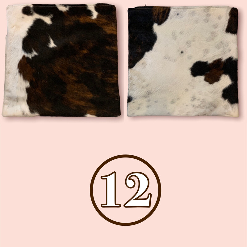 Our luxurious cowhide pillow covers are top notch and of the highest quality! Flip through all of the photos to see our current options, and then select the number that corresponds with your choice below!

Our large cowhide pillow covers measure 19x19 inches.

Looking for a smaller cover? Search 52945 in our search bar to browse through our medium covers that measure 15x15 inches!