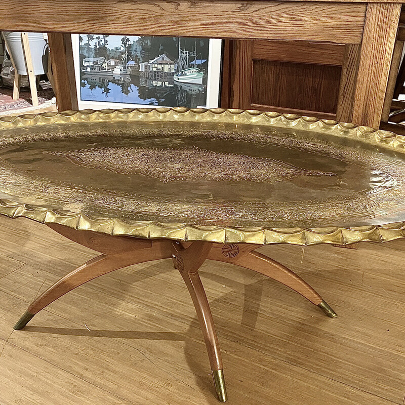 Vintage Table, Brass Tray, Wood Base, Size: 45x30x19