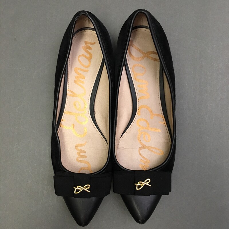 Sam Edleman Suede, Black, Size: 8.5<br />
Sam Edelman Womens Lizzy Pointy Toe Ballet Flats Size 8.5 Black Suede Gold Bow<br />
 good condition -toes have light scuffs see photos, interior and sole clean.<br />
15.1 oz