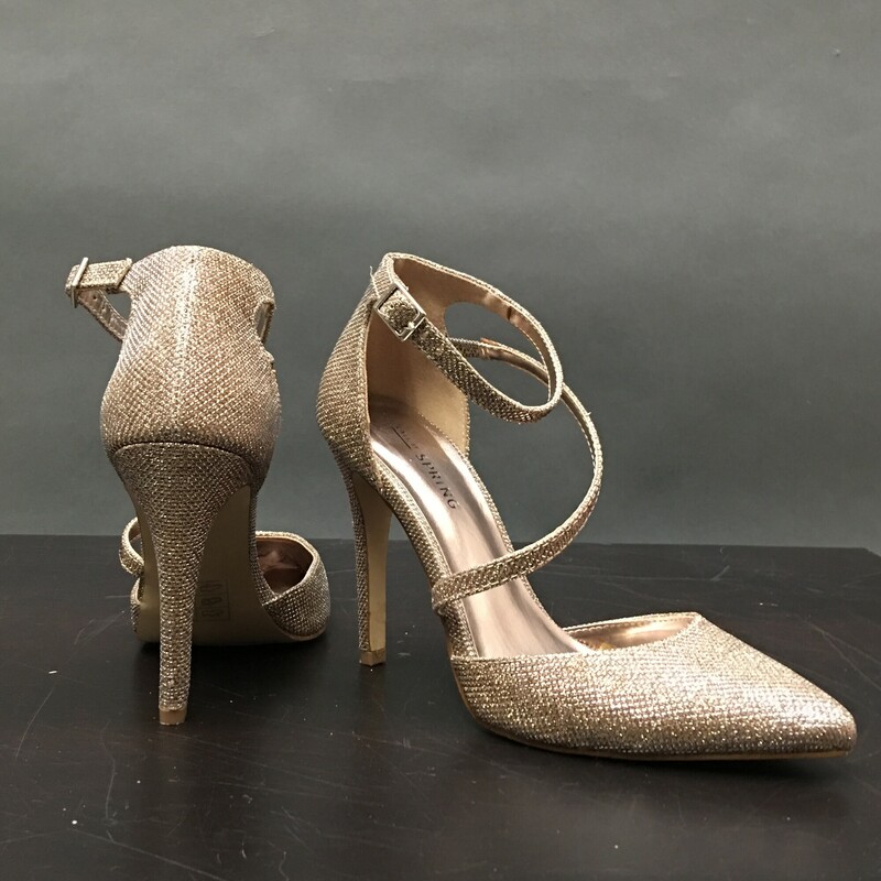 Call It Spring, Gold, Size: 6.5
 Gold fabric ankle strap, enclosed pointy toe, 4.5\" heels
Really nice condition, worn once.

1 lb  .1 oz