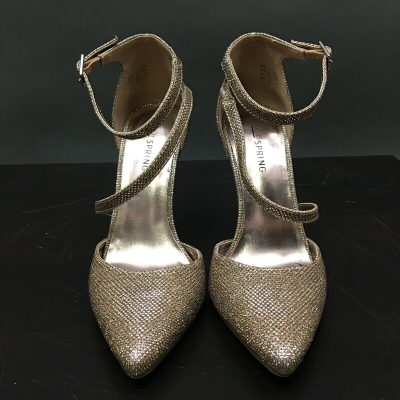 Call It Spring, Gold, Size: 6.5<br />
 Gold fabric ankle strap, enclosed pointy toe, 4.5\" heels<br />
Really nice condition, worn once.<br />
<br />
1 lb  .1 oz