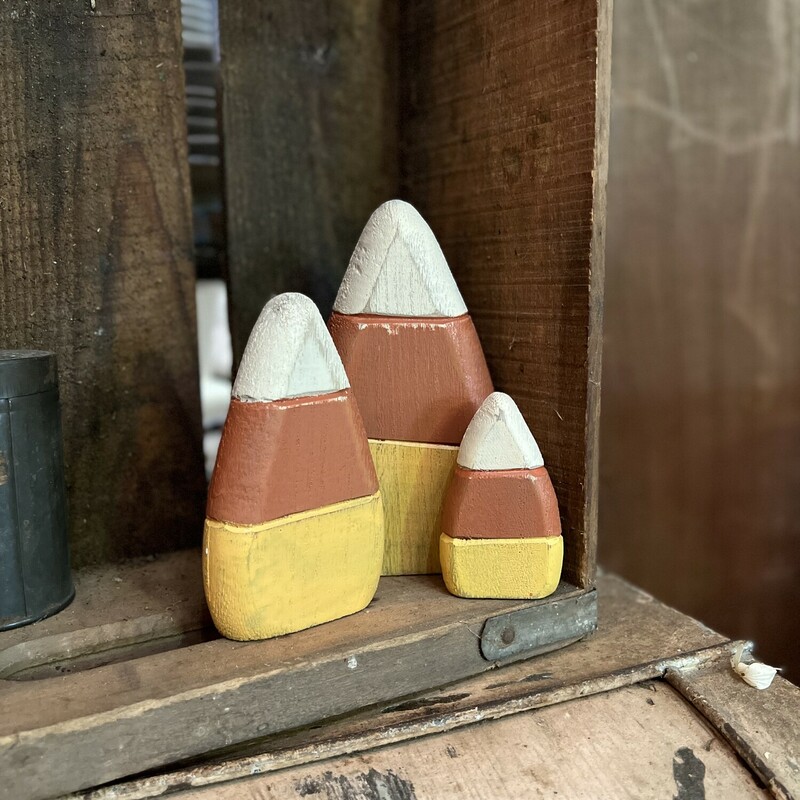 These adorable wooden candy corns make perfect table or shelf sitters for the fall and Halloween!
Small: 3 inches tall by 1.5 inches wide
Medium: 4.75 inches tall by 2.75 inches wide
Large: 5.75 inches tall by 3.5 inches wide