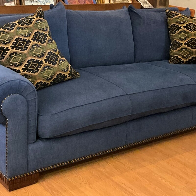 Marge Carson Down Sofa
Blue w/ Nailheads
116in(L) 38in(H) 45in(D)
