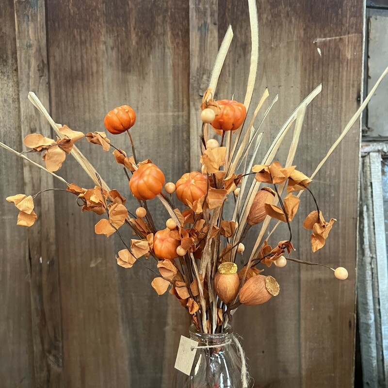 The Pumpkin and Grass stem has dried grass, foam pumpkins, berries, pods and fabric leaves. This stem is perfect on its own and will add a nice touch anywhere in your home this fall season. Stem measures approx 20 inches high