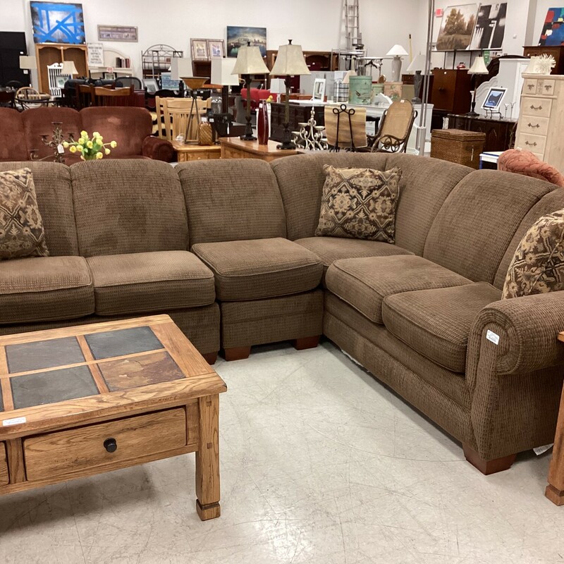 3pc Brown Sectional, Brown, W/ Pillows
105 In x 86 In
