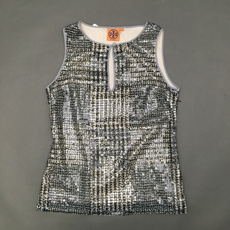 Tory Burch Bristol Sequin, Pattern, Size: 4
Tory Burch Bristol Argyle/Diamond pattern grey black and white Shell Multi Sequin Sleeveless Blouse, 100% polyester lining, full left side zip. Please see all photots there are several sequins missing and noted with blue tape.

5.6 oz