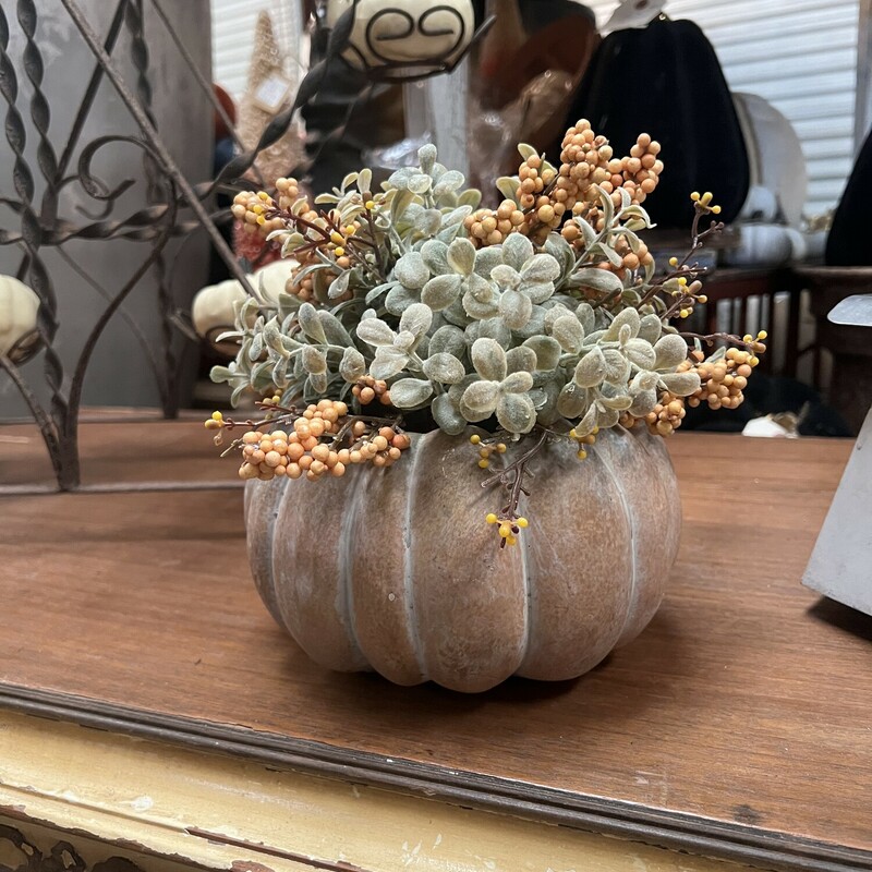 The large cement pumpkin has a pretty distressed orange color and our half spheres lay perfectly on top for an elegant fall display. It has a 4 inch depth as well which could hold a small plant.<br />
Measures 5 inches tall and 7 inches in diameter