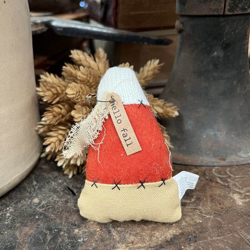 Hello Fall Candy Corn is a plush fabric candy corn made from cotton, felt and burlap.  This candy corn looks cute anywhere with your fall decor
Measures 5 inches tall and 3 inches wide