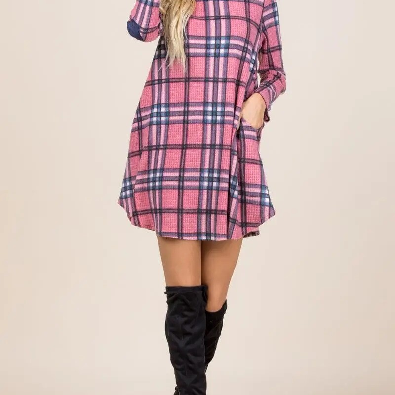 Plaid Checkered
Faux Suede Elbow Patch
Tunic Dress with Long Sleeves
Mauve/Denim

Made in United States