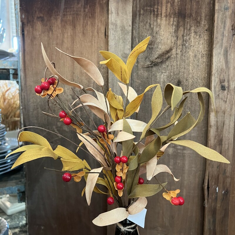 This Bittersweet Spray features foam bittersweet berries and soft fabric leaves in autumn shades of green and yellow. The neutral fall floral looks great displayed through the autumn months and Thanksgiving. Measures 16 inches high