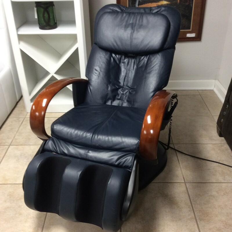 This is a nice Navy Electric Massage Chair with brown arms. This chair has a back, neck and leg massager.