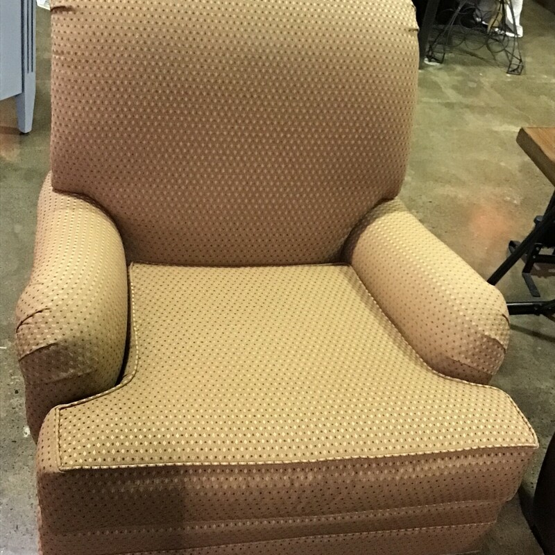 This super comfortable accent chair from Ethan Allen is upholstered in a creamy gold fabric with small burgundy dots. It has rolled back and flippable seat cushion.
Dimensions are 34 in x 40 in x 35 in