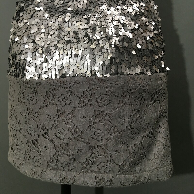 SELF PET Sequin Mini Slip Size SMALL
Self Sequin mini or slip dress. 100% PET recyclable plastic pewter colored teardrop shaped sequins, inner nylon lining, cotton lace skirt hits at the hips.
Dry Clean only - This dress has some stretch but is probable size  4

10.6 oz
