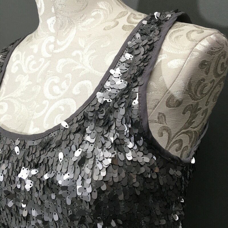 SELF PET Sequin Mini Slip Size SMALL
Self Sequin mini or slip dress. 100% PET recyclable plastic pewter colored teardrop shaped sequins, inner nylon lining, cotton lace skirt hits at the hips.
Dry Clean only - This dress has some stretch but is probable size  4

10.6 oz