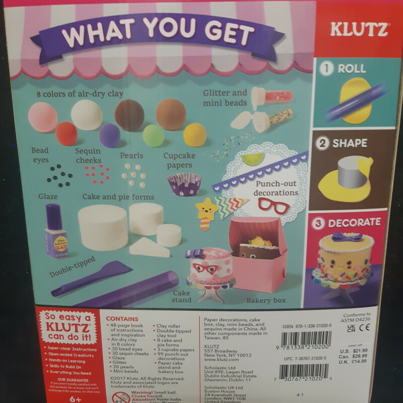 Mini Bake Shop, Kit, Size: 6+

Make a whole (fake) bakery
Roll, Shape, Decorate!!
Display your sweets on a mini cake stand and bakery box!!!
So easy a Klutz can do it!!!!