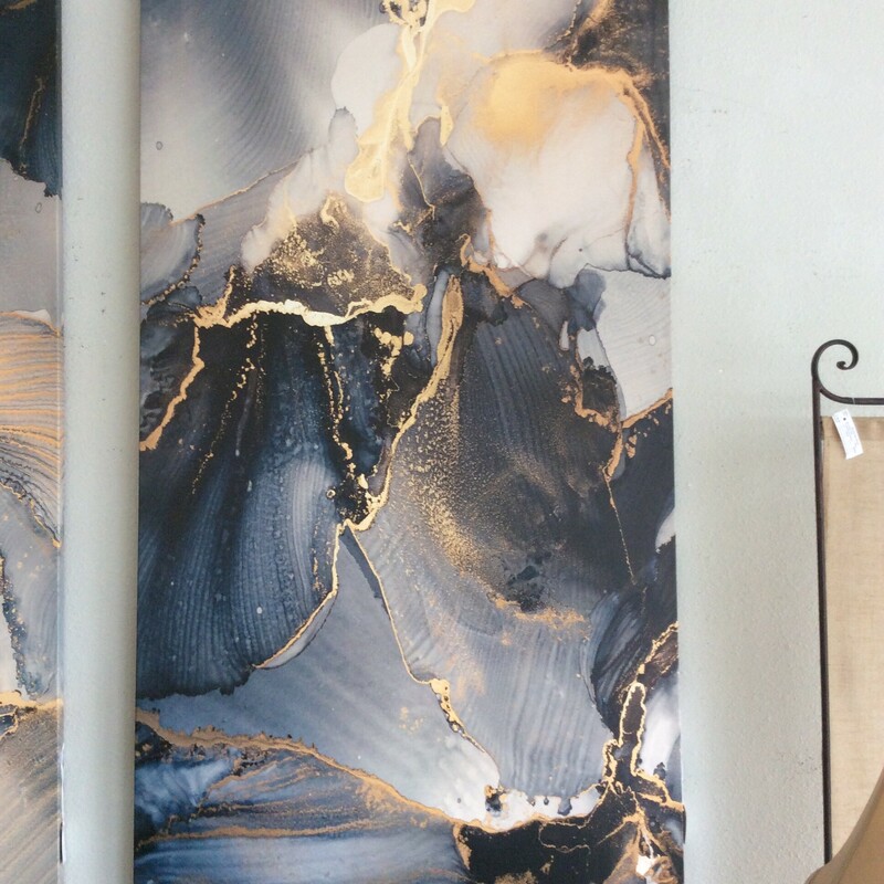 This is a beautiful blue, gray and gold, large abstract canvas wrap.