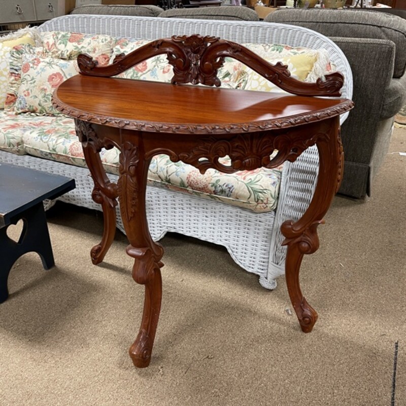 Carved Demilune Table, Size: 36x16x30 (back piece is not attached - see photo)