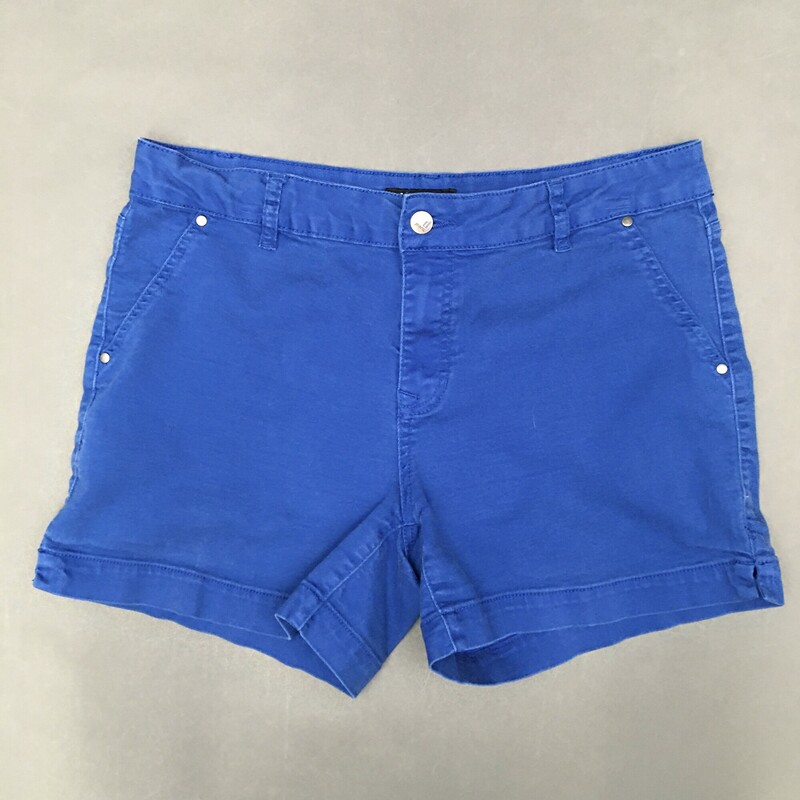 D. Jeans Denim Shorts, Blue, Size: 14
 Royal Blue, fron zip and button closure, 2 back pockets, 72% cotton, 26% polyester, 2% spandex
8.2 oz