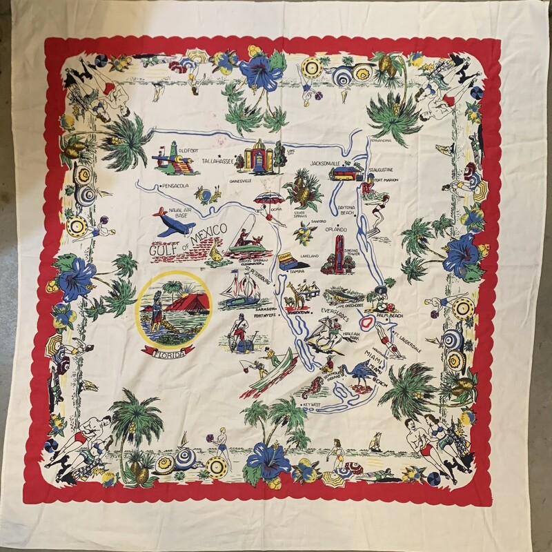 This vintage Florida themed tablecloth is just the coolest! It is decorated in costal images and Florida cities writen out! The tablecloth has two minor holes, which are pictured and minor stains.

Measurements: 48.5 x 51 inches