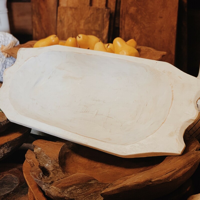 These fabulous wooden dough bowls measure 22 x 10.5 inches and are perfect for any style home! The white washed wood is a great neutral that will go with anything!