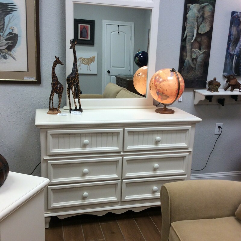 This is a white, 6 drawer, Bassett dresser with mirror.
