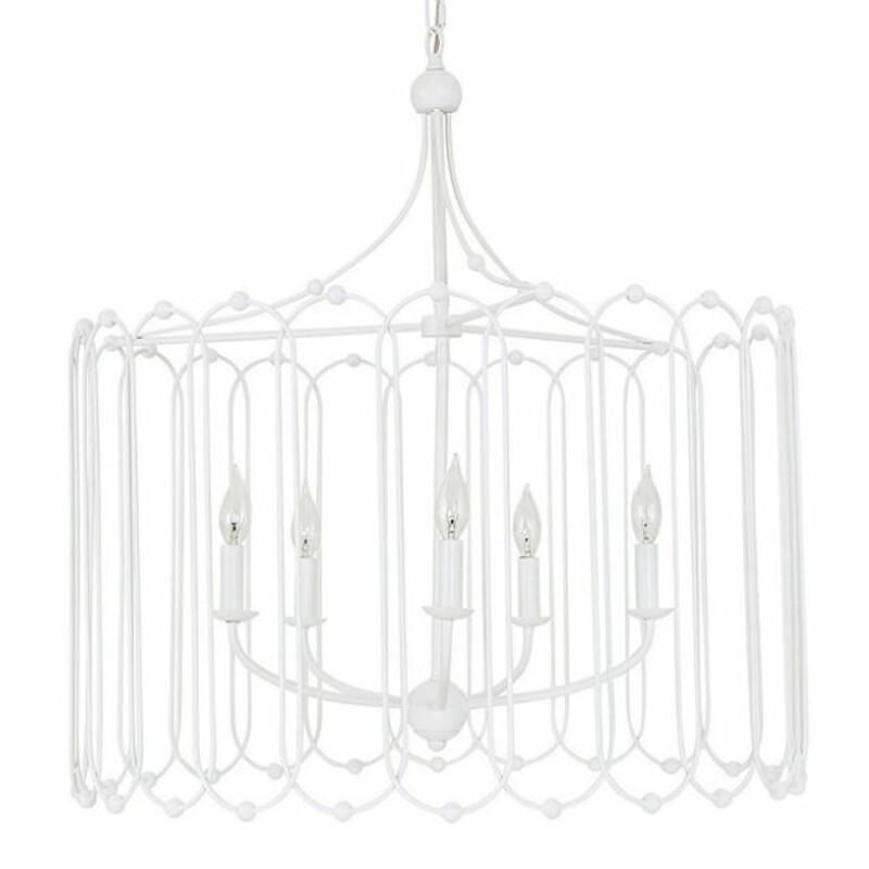 Ballard Design Chandelier
White Metal  Size: 29x29H
Graceful loops of white steel accented with petite bead details, adding delightful texture. The five-light candle cluster shines through the carousel frame, highlighting the charming shape and provides lots of lighting.
Uses type B 60W max bulbs
Dimmable. 8 Foot Long Clear Cord
NEW
Retail $799