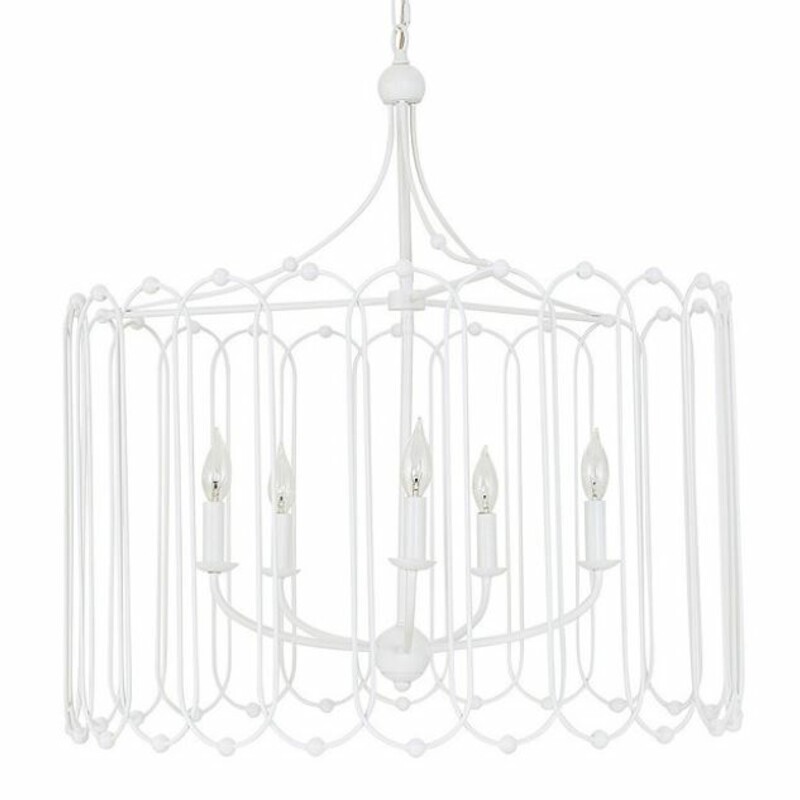 Ballard Design Chandelier<br />
White Metal  Size: 29x29H<br />
Graceful loops of white steel accented with petite bead details, adding delightful texture. The five-light candle cluster shines through the carousel frame, highlighting the charming shape and provides lots of lighting.<br />
Uses type B 60W max bulbs<br />
Dimmable. 8 Foot Long Clear Cord<br />
NEW<br />
Retail $799