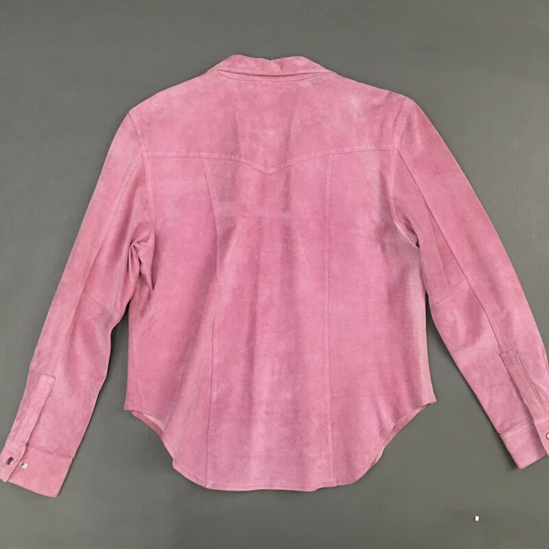 Arlene Bowman Chin Chin, Pink, Size: M
 Arlene Bowman Chin Chin pinl suede shirt, \"pearl \"covered snap buttons front and sleeves,
shell pig suede, interior lining polyester
there is some discoloration on right back adn sleeve- please see all photos.
Shirt sold as is.
 1 lb 3.3 oz