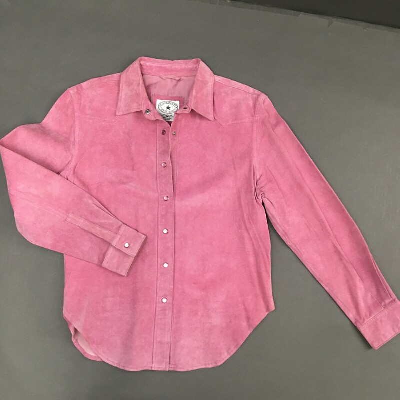 Arlene Bowman Chin Chin, Pink, Size: M
 Arlene Bowman Chin Chin pinl suede shirt, \"pearl \"covered snap buttons front and sleeves,
shell pig suede, interior lining polyester
there is some discoloration on right back adn sleeve- please see all photos.
Shirt sold as is.
 1 lb 3.3 oz
