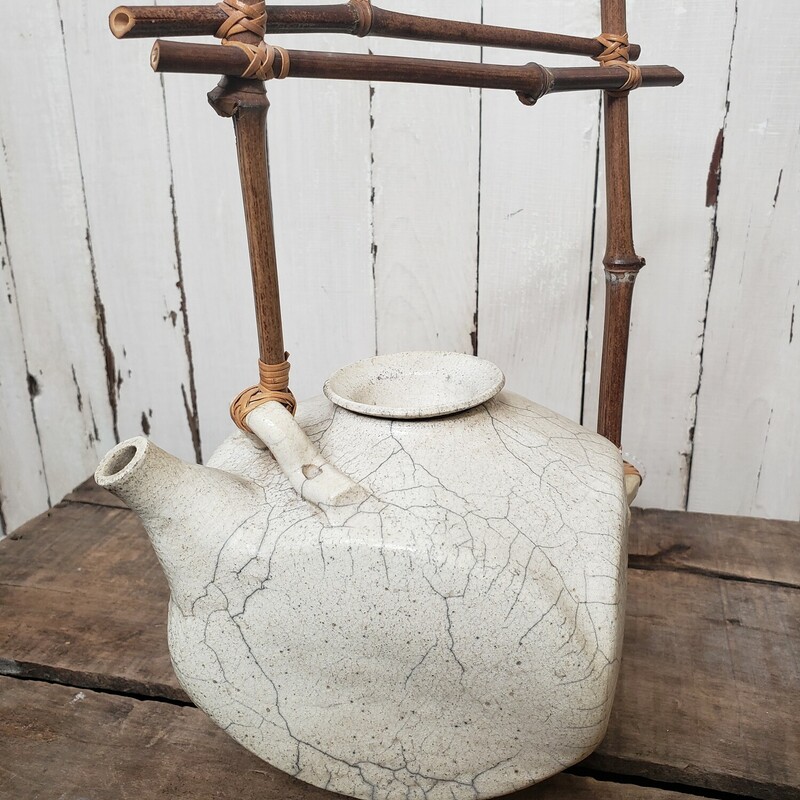 Japanese Ceramic Teapot, Handmade with Bamboo Handles.