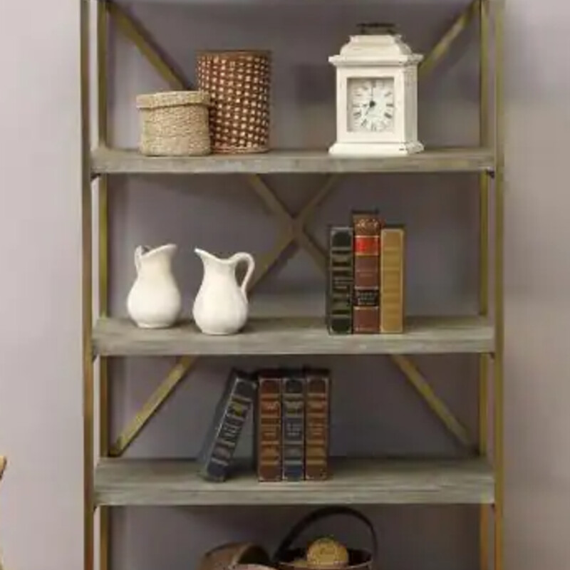 Biscayne Bookcase
Grey Gold  Size: 36x16x71H
With rustic and industrial details, our bookcase works well with most every decor. The aged Biscayne Weathered finish gives an vintage quality to the five thick wood shelves, contrasting nicely with the squared tubular metal framing. In your den, kitchen or home office, an ideal place to display your favorite books, baskets and photos
NEW
Retail $800+