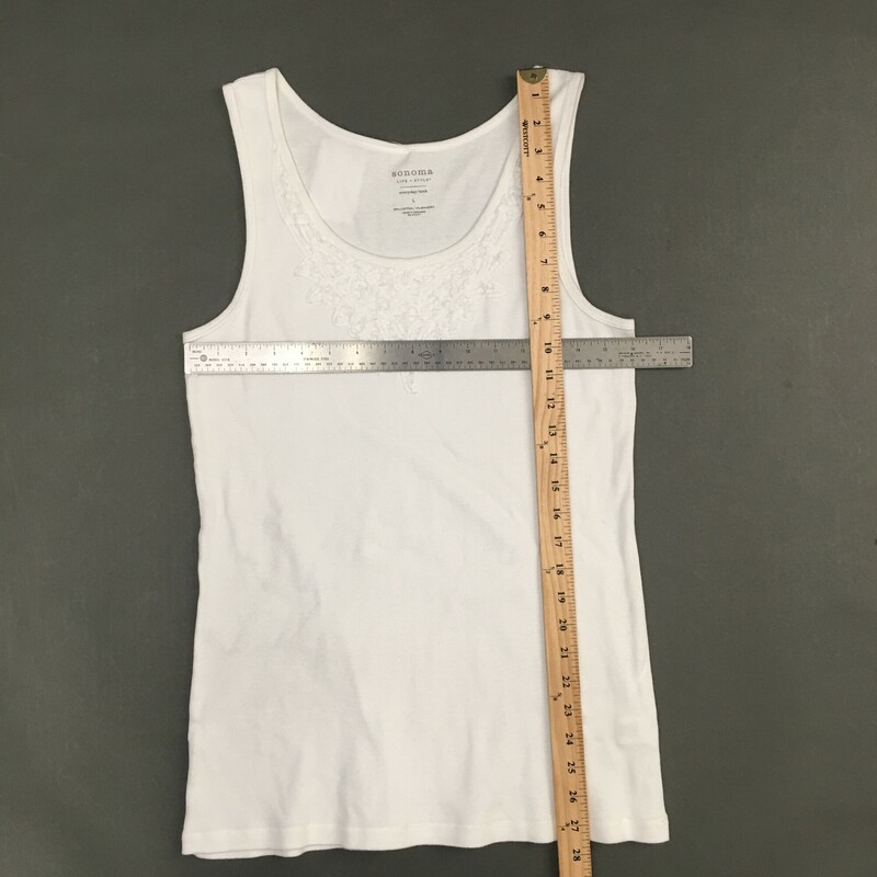 Sonoma  Life Style Tank, White, Size: L<br />
 Sonoma Life + Style<br />
White ribbed cotton sleeveless tank top  with white embroiderary stiching on front, Size L<br />
4.5 oz