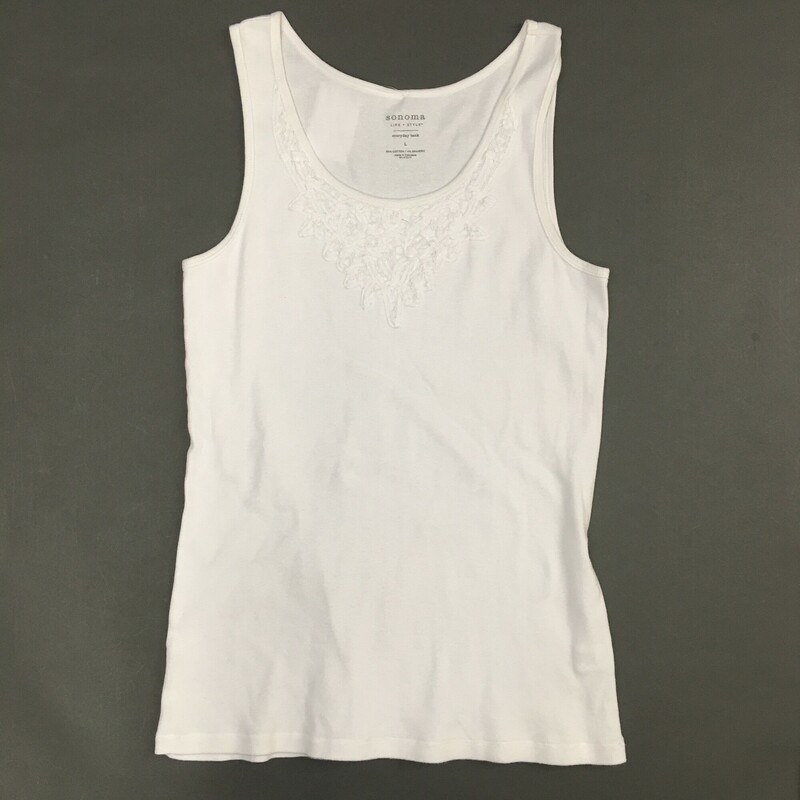 Sonoma  Life Style Tank, White, Size: L
 Sonoma Life + Style
White ribbed cotton sleeveless tank top  with white embroiderary stiching on front, Size L
4.5 oz