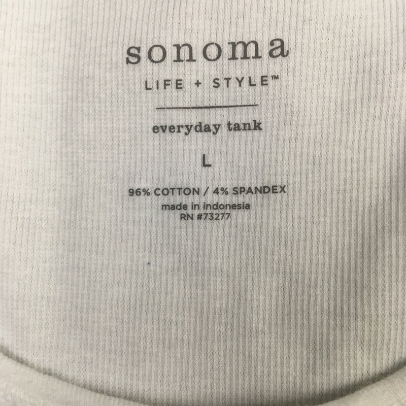 Sonoma  Life Style Tank, White, Size: L<br />
 Sonoma Life + Style<br />
White ribbed cotton sleeveless tank top  with white embroiderary stiching on front, Size L<br />
4.5 oz