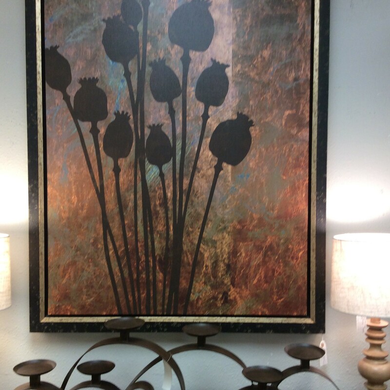 In this contemporary art piece there is a group of rose hips silhouetted against a mottled background.
