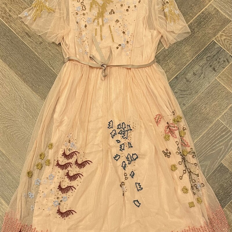 Zara Embroidered Dress, Peach, Size: 11-12Y