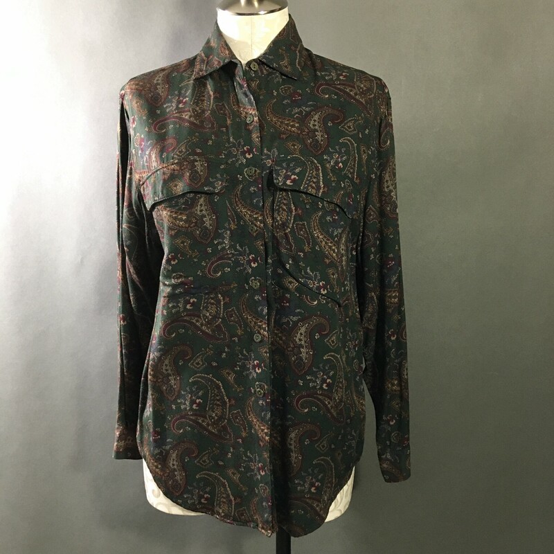 Lands End Button Down, Paisley, Size: 10
Forrest green with maroon and gold paisley design, small metal button down front, collar, long sleeves, 2 front flap breast pockets,  93% rayon, 7% wool. Dry Clean only
10.1 oz